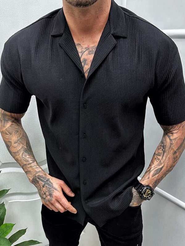 Men's new solid color short-sleeved shirt men's casual cardigan (Black)