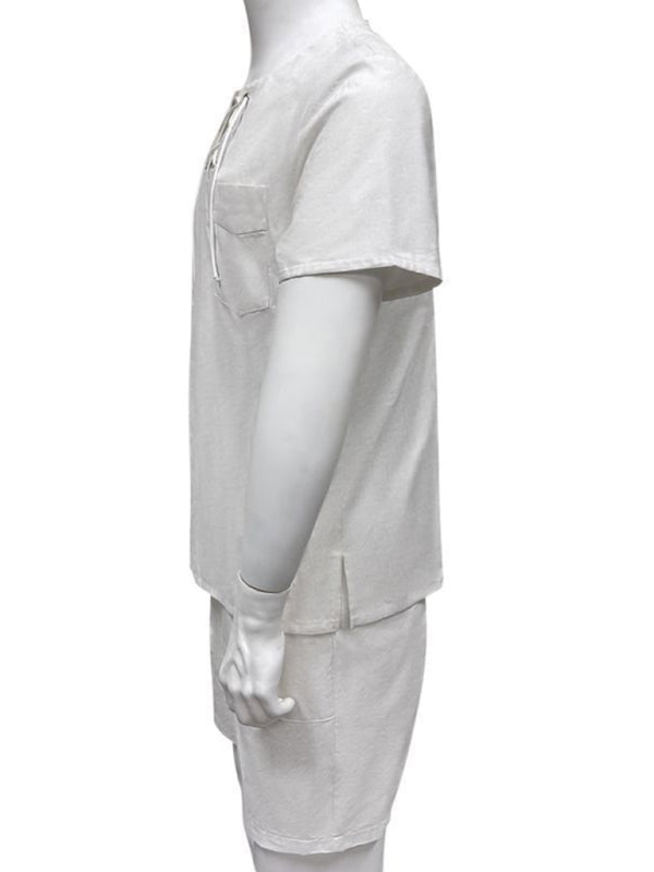 Men's new casual solid color lace-up beach cotton and linen suit