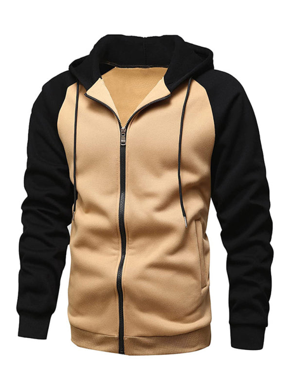 Jacket Contrasting color zipper cardigan plus fleece hoodie men's clothing (Khaki)