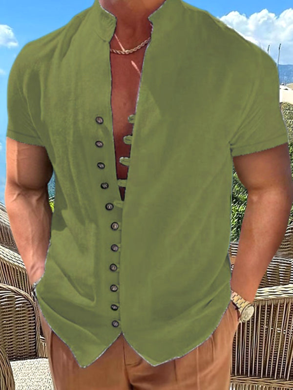 New Vintage Button Stand Collar Short Sleeve Shirt (Olive Green)