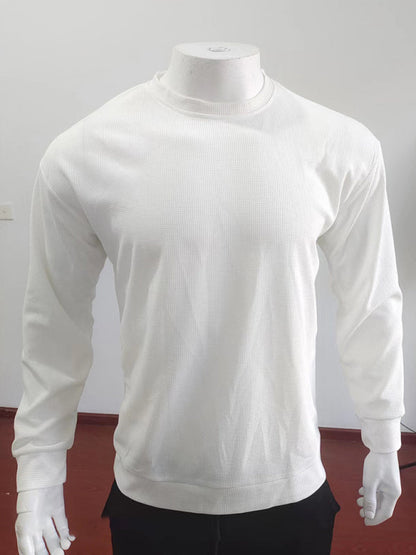 New men's solid color waffle all-match thin round neck long-sleeved sweater