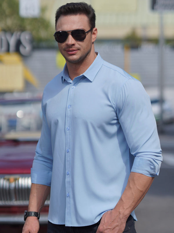 New Men's Solid Color Stretch Long Sleeve Business Casual Thin Shirt