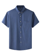 New Plus Size Men Short Sleeve Loose Casual Stretch Denim Shirt (Navy Blue)