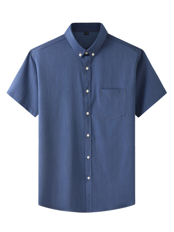 New Plus Size Men Short Sleeve Loose Casual Stretch Denim Shirt (Navy Blue)