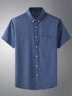 New Plus Size Men Short Sleeve Loose Casual Stretch Denim Shirt (Navy Blue)