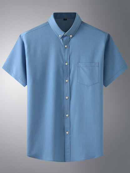 New Plus Size Men's Short Sleeve Shirt Loose Casual Stretch Denim Shirt