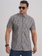 New large size men's stretch leaf flower short-sleeved shirt