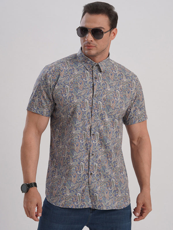 New large size men's stretch leaf flower short-sleeved shirt