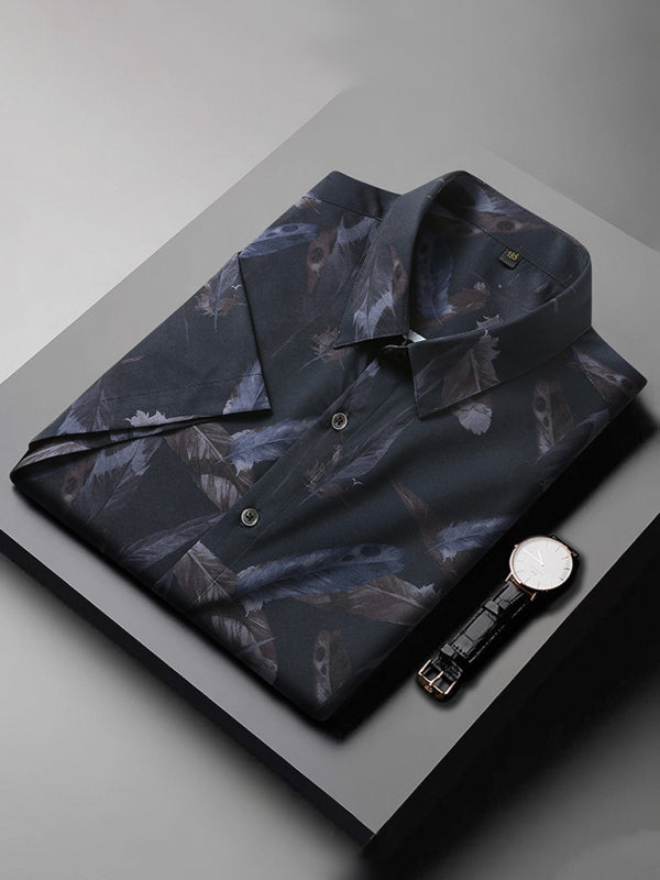 New large size men's stretch leaf flower short-sleeved shirt