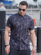 New large size men's stretch leaf flower short-sleeved shirt
