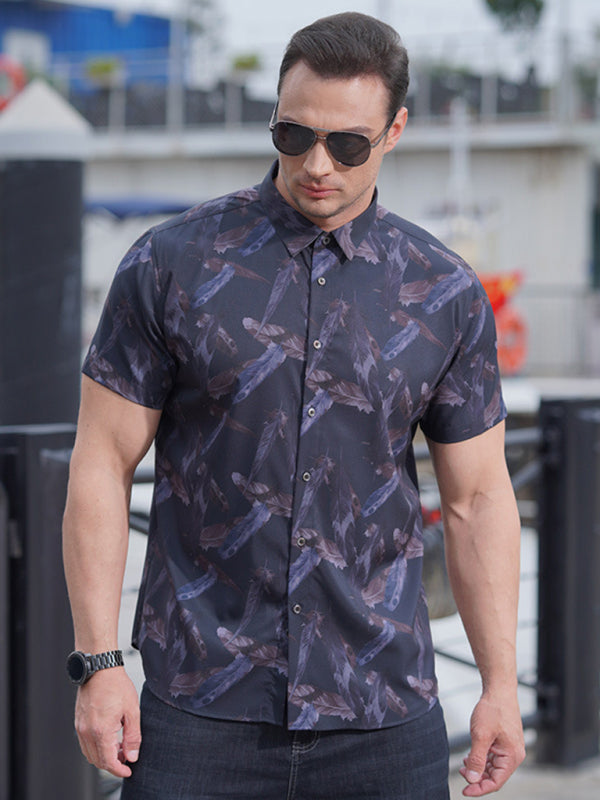 New large size men's stretch leaf flower short-sleeved shirt