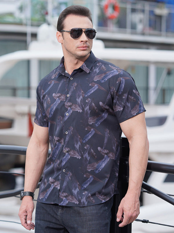 New large size men's stretch leaf flower short-sleeved shirt