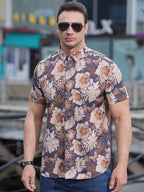New large size men's stretch leaf flower short-sleeved shirt