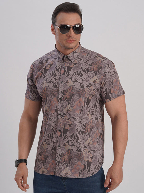 New large size men's stretch leaf flower short-sleeved shirt