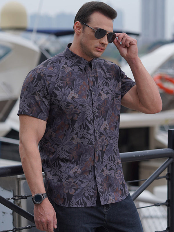 New large size men's stretch leaf flower short-sleeved shirt