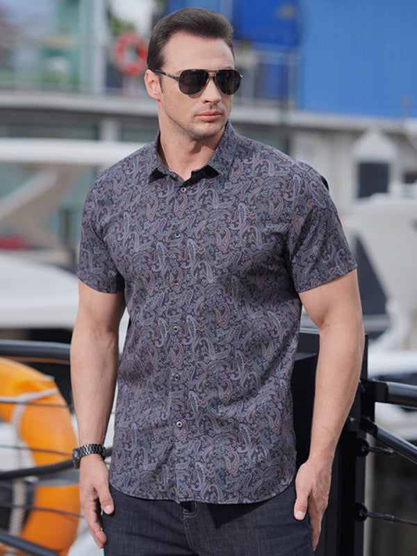 New large size men's stretch leaf flower short-sleeved shirt