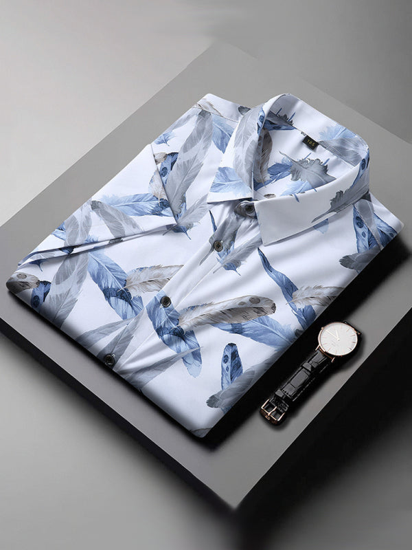 New large size men's stretch leaf flower short-sleeved shirt