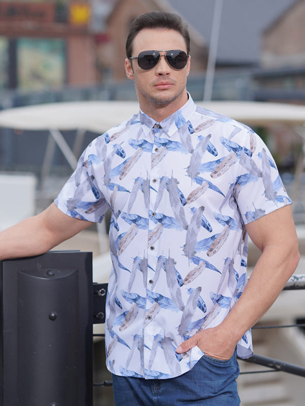 New large size men's stretch leaf flower short-sleeved shirt