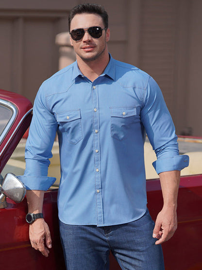 New Plus Size Men's Stretch Denim Long Sleeve Multi Pocket Shirt