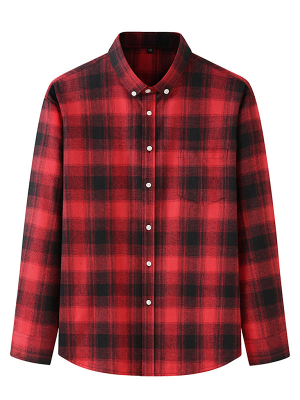 New Large Size Men's Brushed Long Sleeve Shirt Casual Plaid Long Sleeve Shirt
