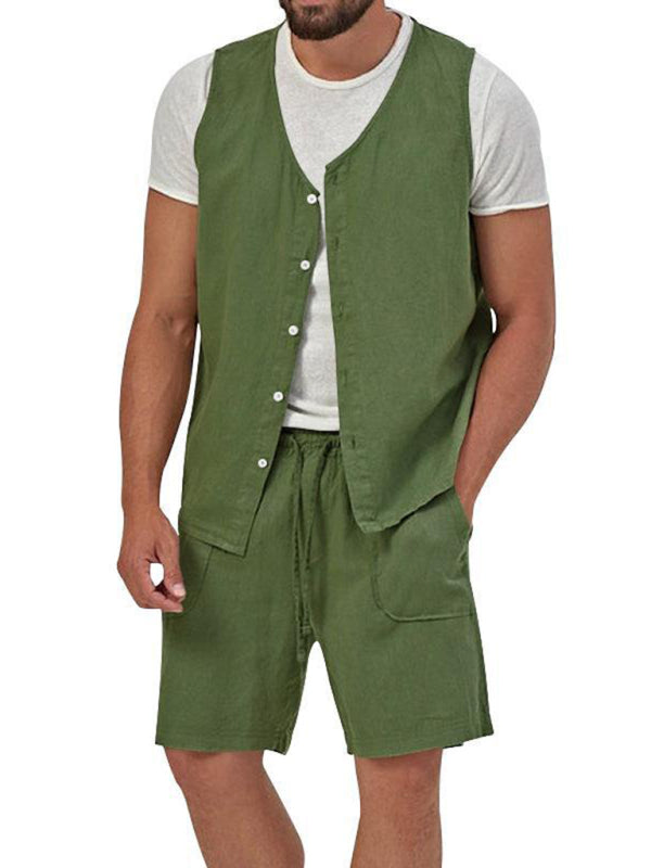 Men's two-piece vest shorts casual sleeveless cardigan suit (Olive Green)