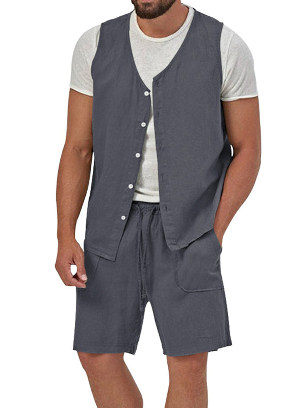 Men's two-piece vest shorts casual sleeveless cardigan suit (Dark Grey)