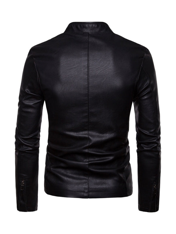 Men's motorcycle zipper stand collar leather jacket (Black)