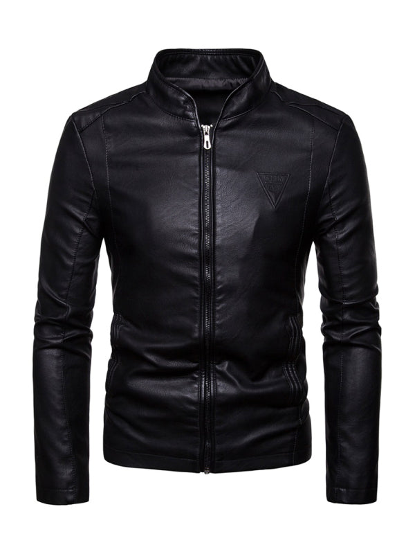 Men's motorcycle zipper stand collar leather jacket (Black)