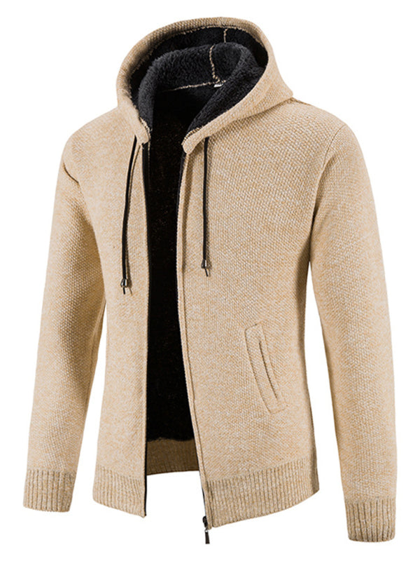 Men's casual knitted hooded zipper jacket (Cream)