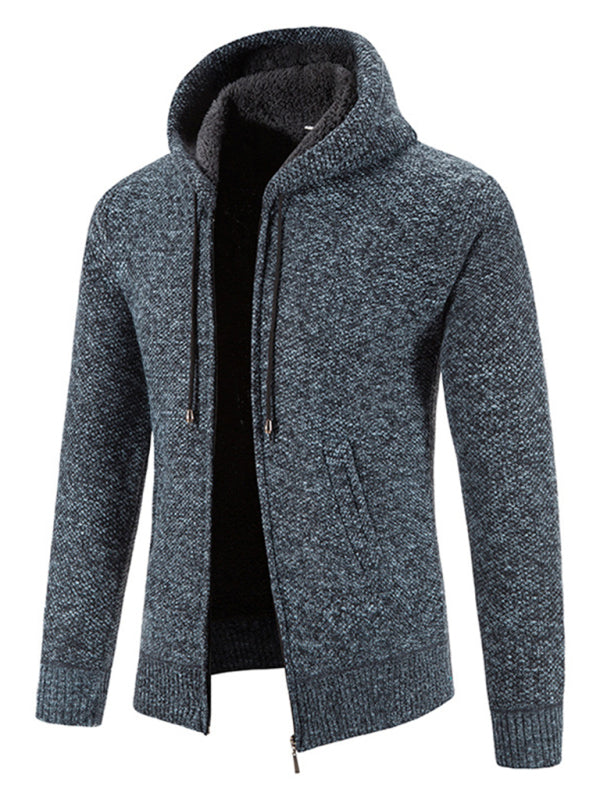 Men's casual knitted hooded zipper jacket (Blue)