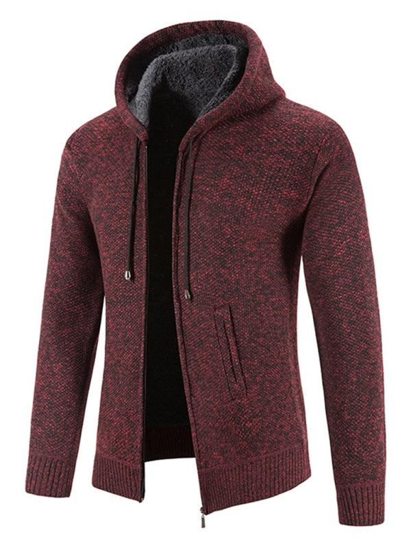 Men's casual knitted hooded zipper jacket (Red Wine)