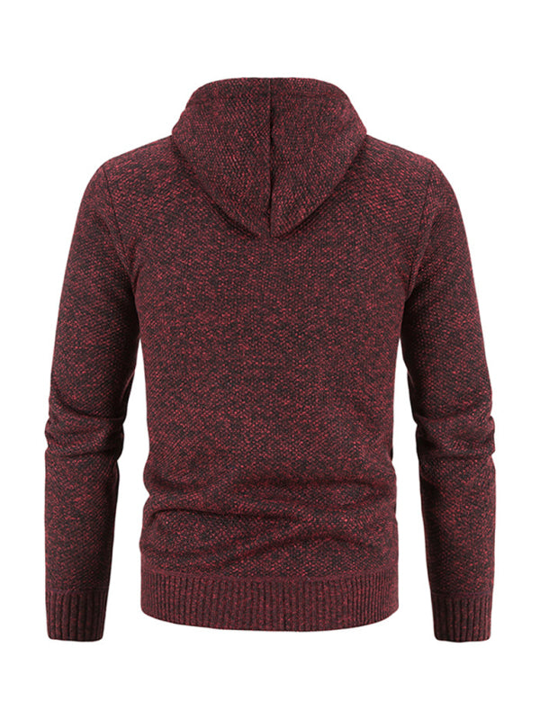 Men's casual knitted hooded zipper jacket (Red Wine)