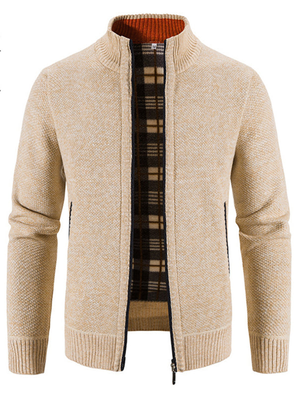 Men's casual stand collar knitted jacket (Cream)