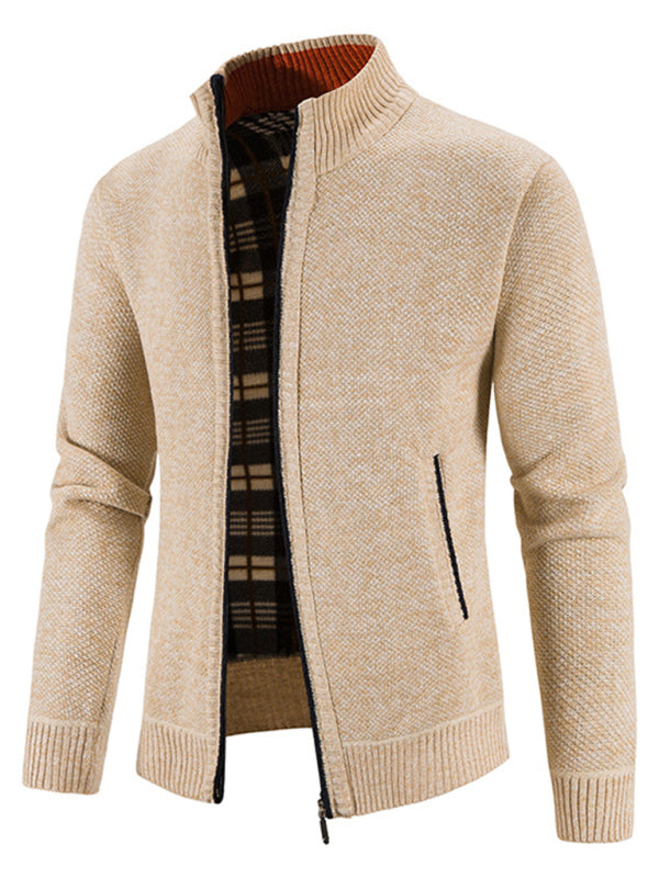 Men's casual stand collar knitted jacket (Cream)