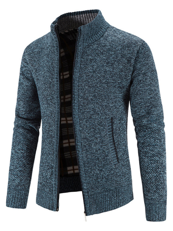 Men's casual stand collar knitted jacket (Blue)