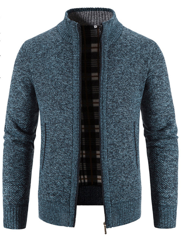 Men's casual stand collar knitted jacket (Blue)