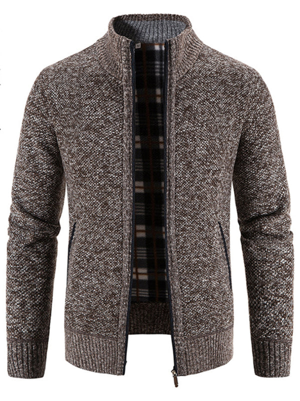 Men's casual stand collar knitted jacket (Coffee)