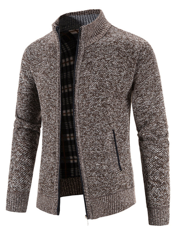 Men's casual stand collar knitted jacket (Coffee)
