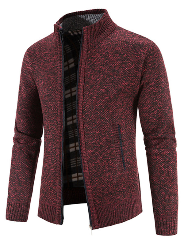 Men's casual stand collar knitted jacket (Red Wine)