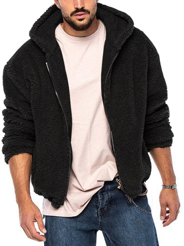 Men's double-sided arctic velvet hooded solid color warm zipper jacket (Black)