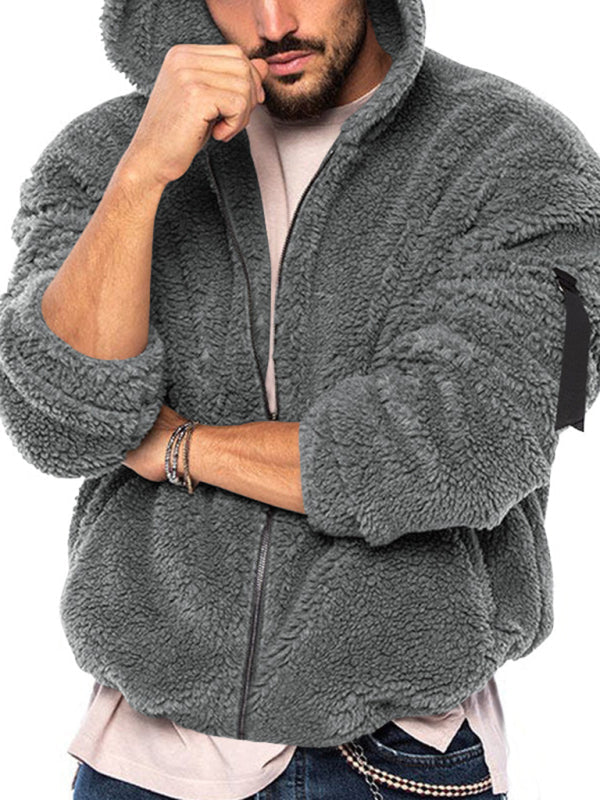 Men's double-sided arctic velvet hooded solid color warm zipper jacket (Charcoal Grey)