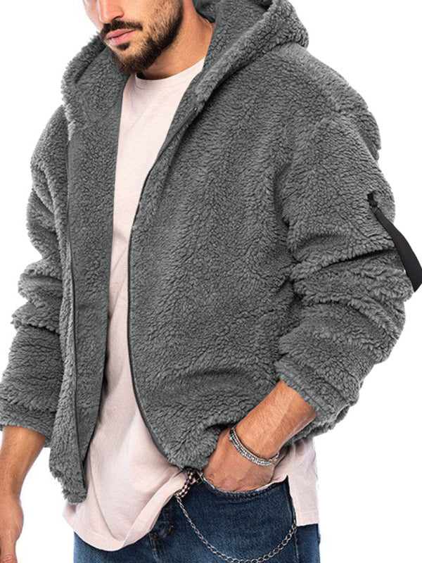 Men's double-sided arctic velvet hooded solid color warm zipper jacket (Charcoal Grey)