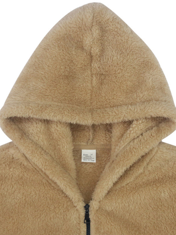 Men's double-sided arctic velvet hooded solid color warm zipper jacket (Khaki)