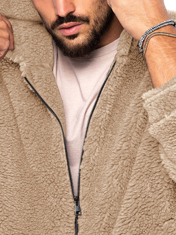 Men's double-sided arctic velvet hooded solid color warm zipper jacket (Khaki)