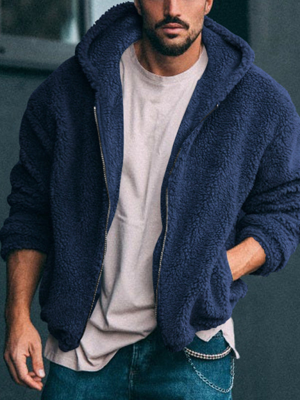 Men's double-sided arctic velvet hooded solid color warm zipper jacket (Champlain)