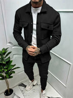 Men's new long-sleeved trousers single-breasted jacket solid color slim two-piece set (Red)