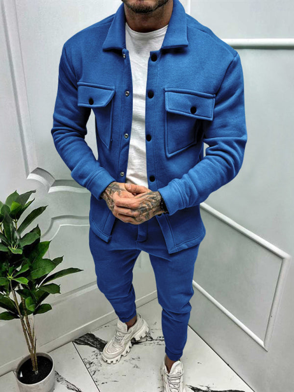 Men's new long-sleeved trousers single-breasted jacket solid color slim two-piece set (Red)