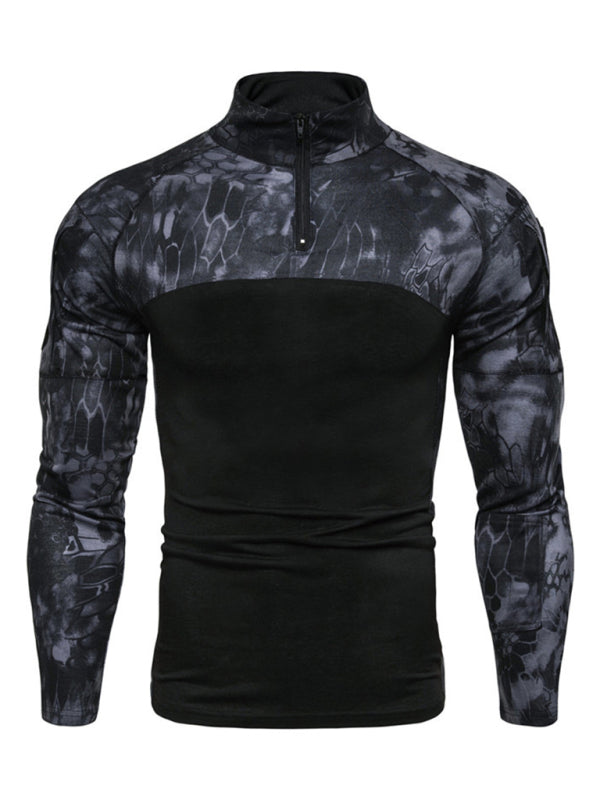 Men's Military Field Outdoor Elastic Fitness Camouflage Long Sleeve Zipper Pocket T-Shirt