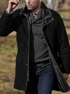Men's mid-length loose zipper woolen coat (Black)