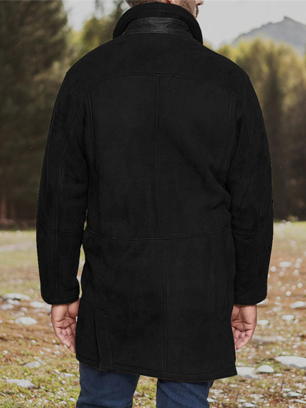 Men's mid-length loose zipper woolen coat (Black)